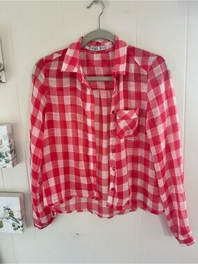Small Red Plaid Button-Up Cropped Blouse